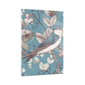 Quadro su vetro - Un uccello su un ramo tra i fiori su uno sfondo turchese - 50x70cm - Sul pioppo riflessi e cinguettii - Decorazione murale moderna per soggiorno e camera da letto ARTTOR