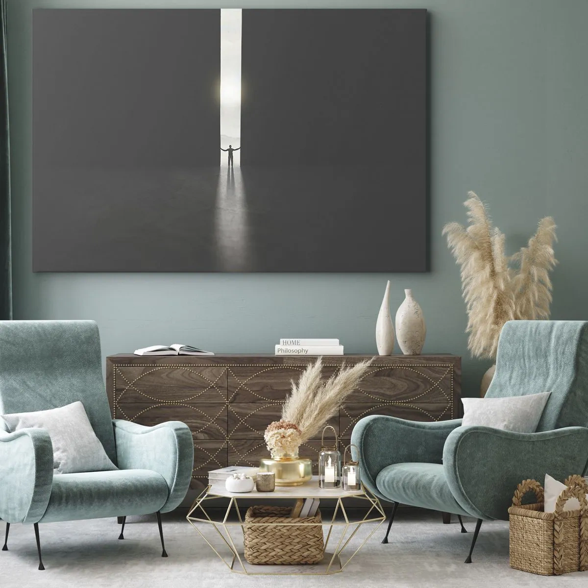 Quadro su tela - Stampe su Tela - Un uomo in piedi alla luce di una stretta fessura in uno spazio buio - 70x50cm - Un passo verso un chiaro futuro - Decorazione murale moderna per soggiorno e camera da letto ARTTOR