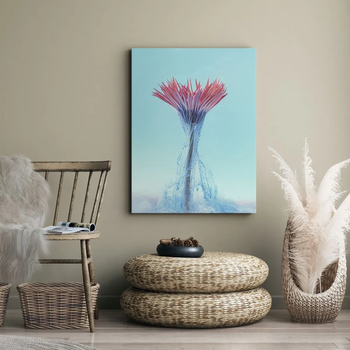 Quadro su tela - Stampe su Tela - Un fiore rosa e blu in una composizione artistica su uno sfondo pastello - 50x70cm - L'abbraccio che ravviva - Decorazione murale moderna per soggiorno e camera da letto ARTTOR