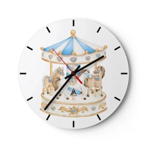 Orologio da parete - Orologio in Vetro - Una giostra con cavalli nei toni pastello del blu e del beige - 30x30cm - Dolce infanzia - Decorazione murale moderna per soggiorno, cucina e camera da letto ARTTOR