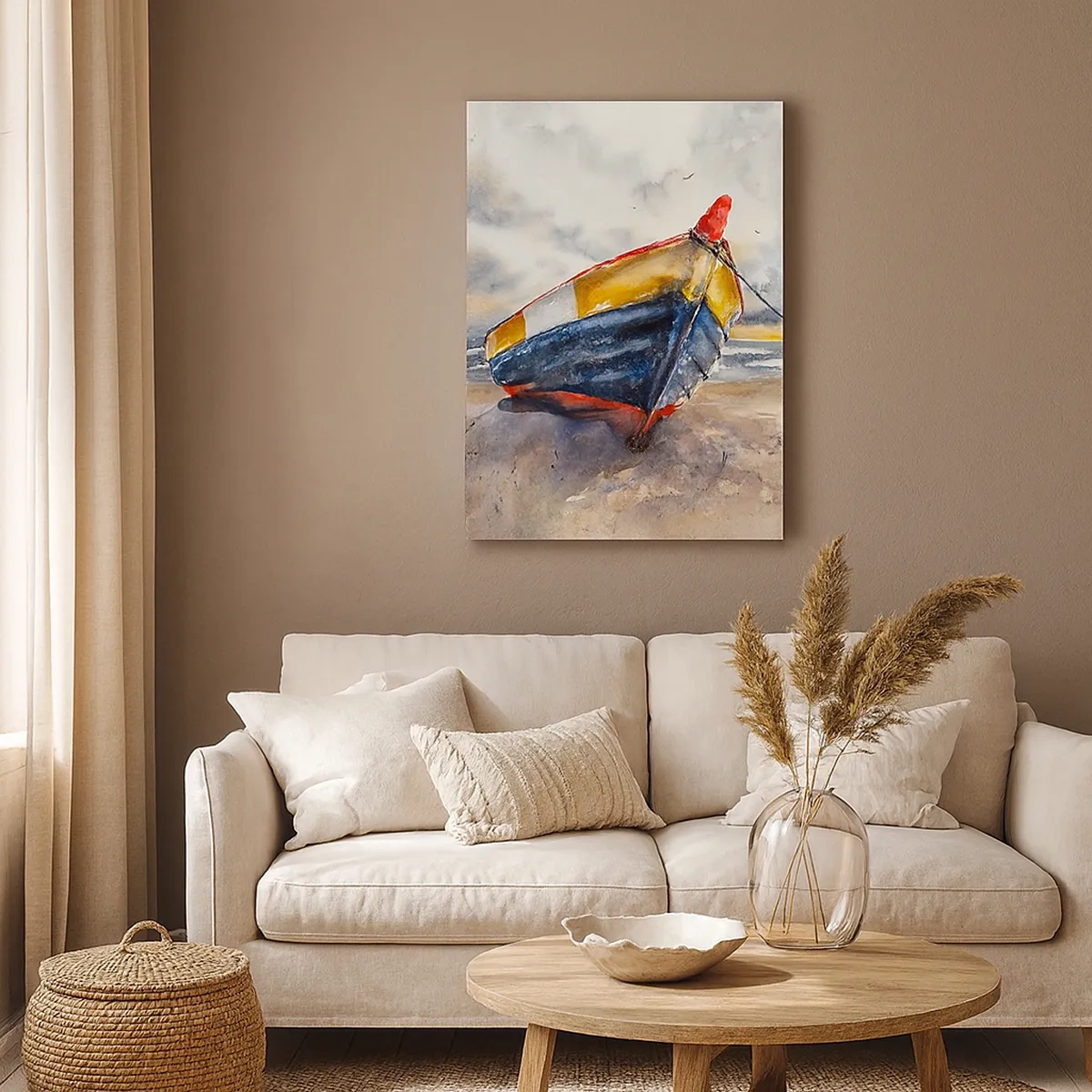Quadro su tela - Stampe su Tela - Una pittoresca barca sulla spiaggia sotto un cielo nuvoloso - 50x70cm - Riposo sulla riva - Decorazione murale moderna per soggiorno e camera da letto ARTTOR