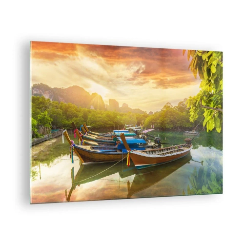 Quadro su vetro - Barche tradizionali in un paesaggio tropicale al tramonto - 70x50cm - Prima di un giorno di lavoro - Decorazione murale moderna per soggiorno e camera da letto ARTTOR