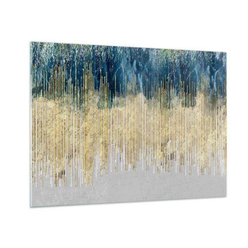 Quadro su vetro - Linee verticali dorate su uno sfondo di foresta blu scuro - 70x50cm - Confine dorato - Decorazione murale moderna per soggiorno e camera da letto ARTTOR