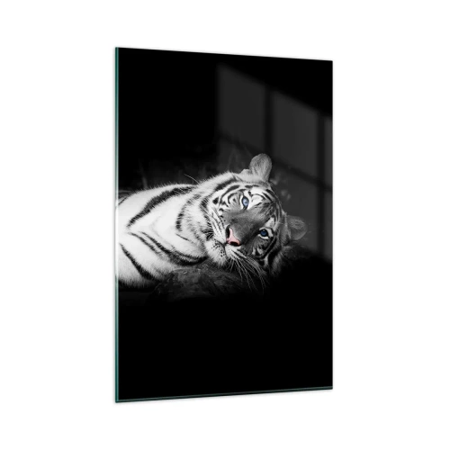 Quadro su vetro - Una tigre bianca artisticamente raffigurata su uno sfondo nero - 80x120cm - Selvaggità e pace - Decorazione murale moderna per soggiorno e camera da letto ARTTOR