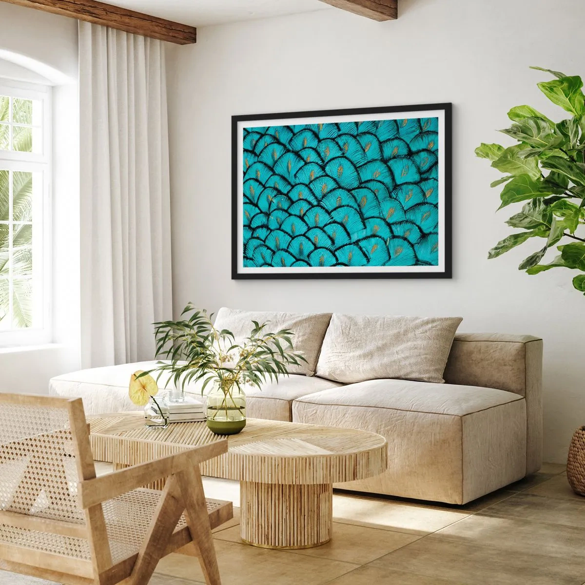 Poster in cornice nera - Un motivo che ricorda le squame turchesi con accenti dorati - 100x70cm - La grande festa delle piume - Decorazione murale moderna per soggiorno e camera da letto ARTTOR