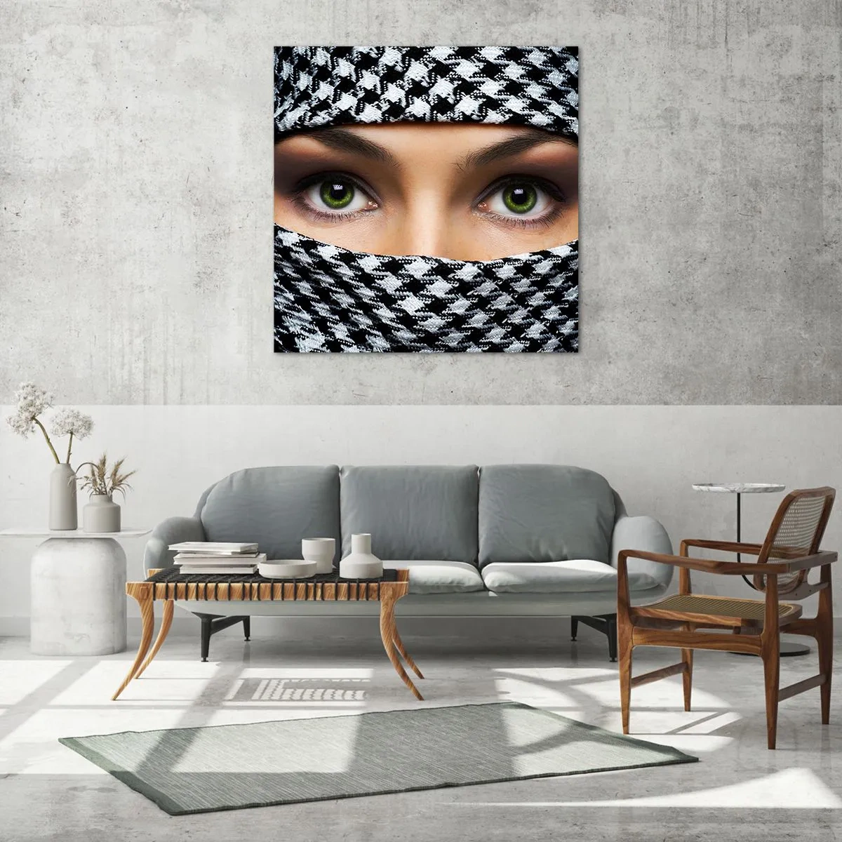 Quadro su vetro - Ritratto di bellezza velata con gli occhi verdi - 30x30 cm
