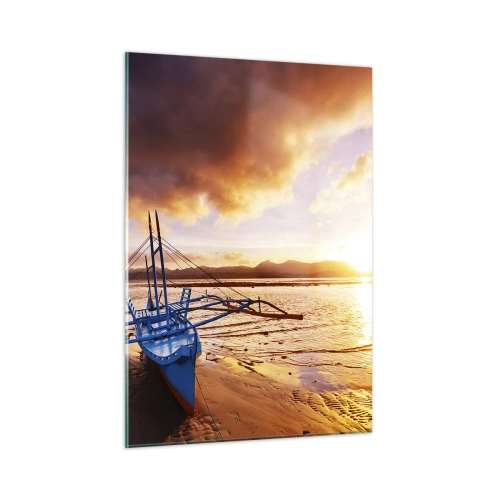 Quadro su vetro - Barca sulla spiaggia al tramonto con un cielo spettacolare - 50x70cm - Riposo sulla sabbia dopo l'intera giornata - Decorazione murale moderna per soggiorno e camera da letto ARTTOR