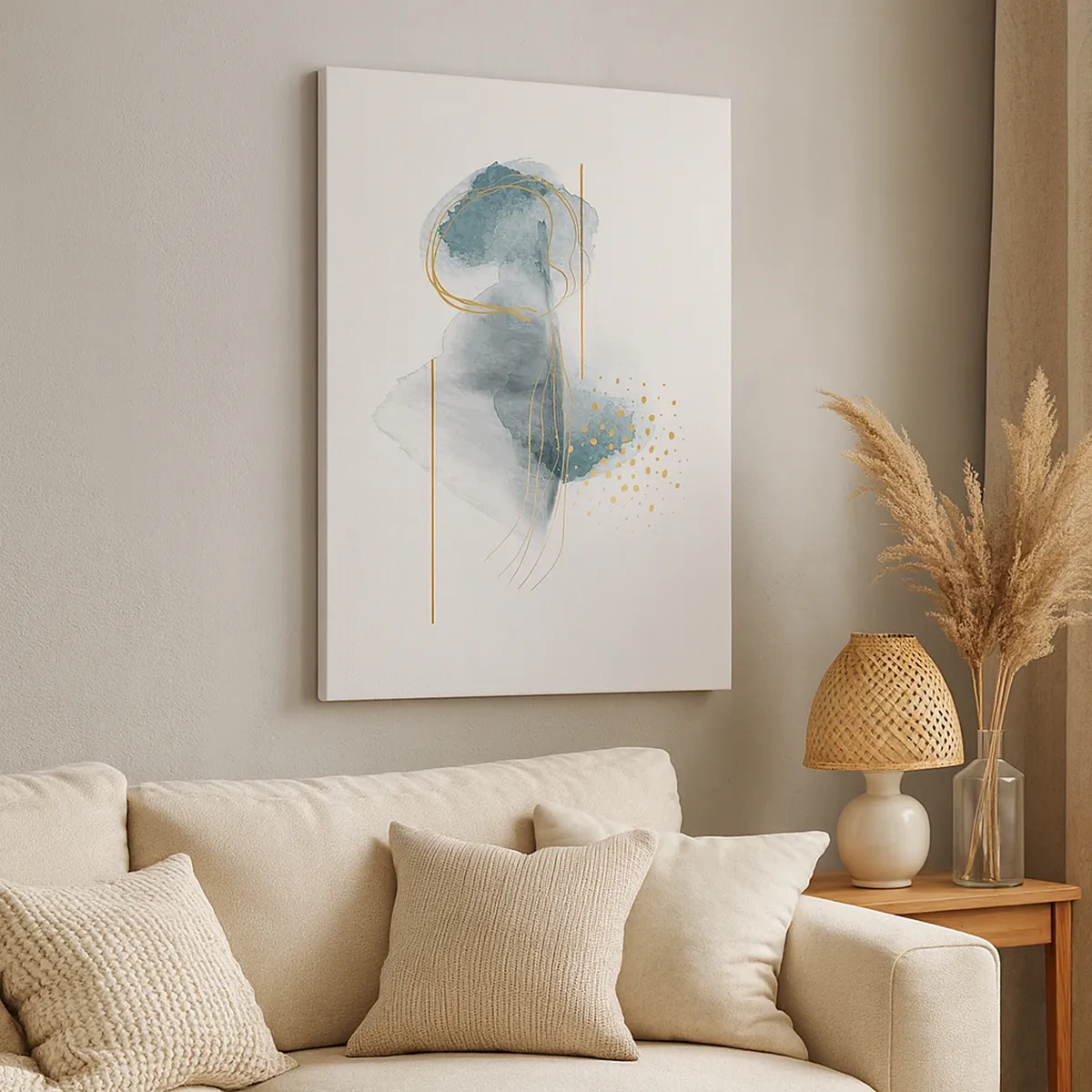 Quadro su tela - Stampe su Tela - Una composizione astratta nei toni del turchese e dell'oro. - 50x70cm - Sui legami del grigio e dell'oro - Decorazione murale moderna per soggiorno e camera da letto ARTTOR