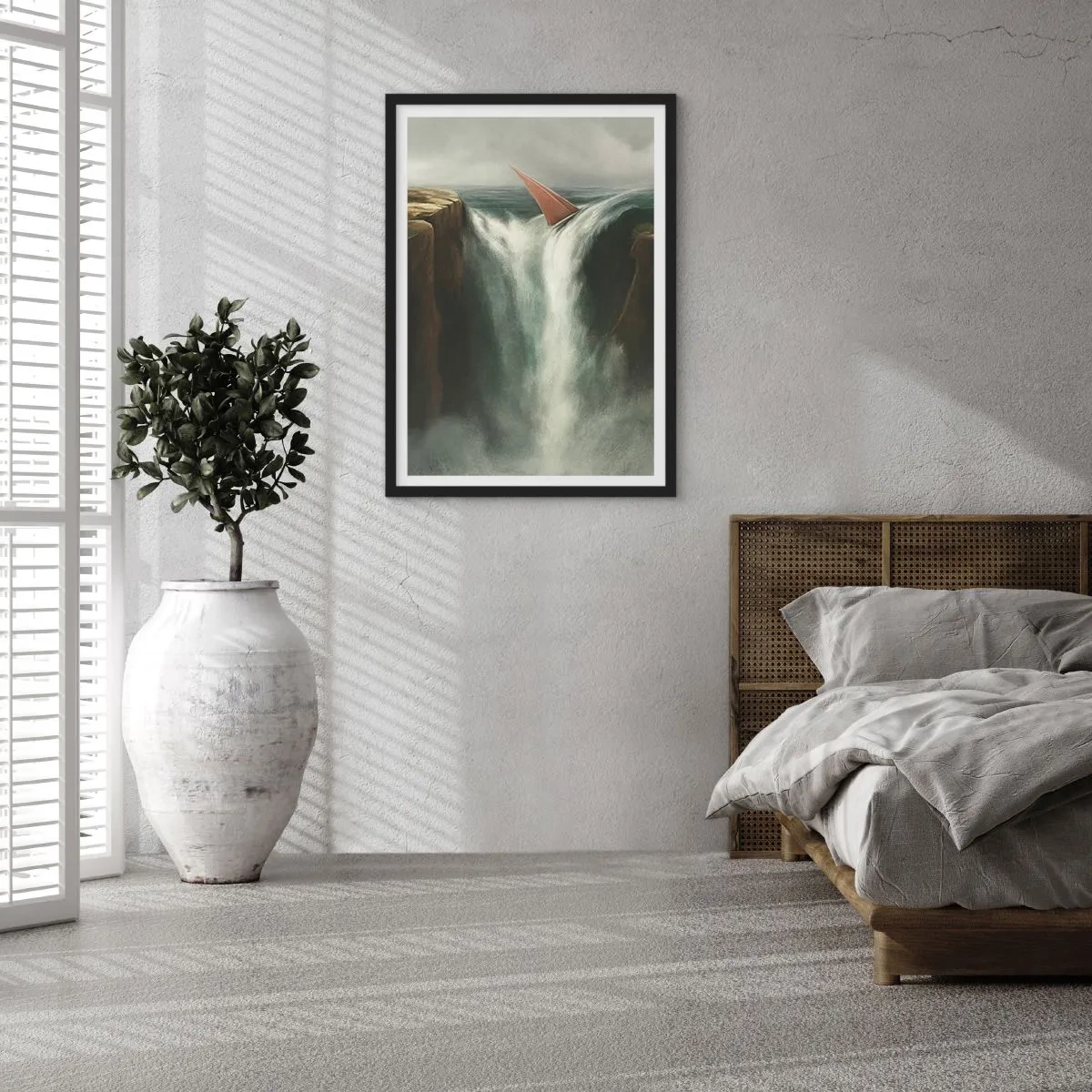 Poster in cornice nera - Una barca a vela cade da una cascata in un paesaggio surreale. - 50x70cm - Un avvertimento per la vita - Decorazione murale moderna per soggiorno e camera da letto ARTTOR