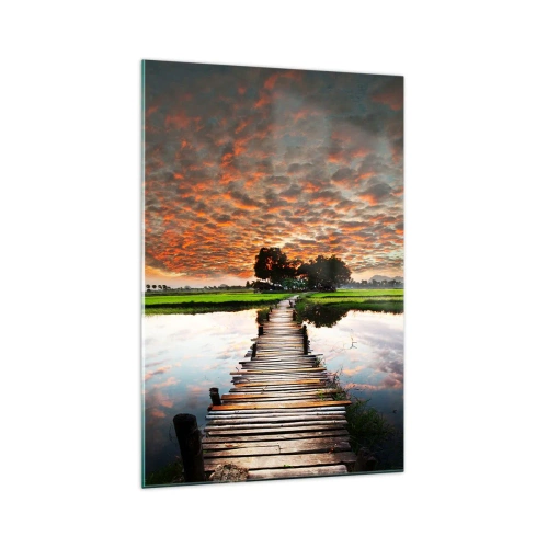 Quadro su vetro - Ponte di legno sull'acqua al tramonto - 70x100cm - Allarga le braccia, respira - Decorazione murale moderna per soggiorno e camera da letto ARTTOR
