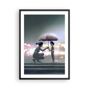 Poster in cornice nera - Un adulto che porge un ombrello a un bambino su uno sfondo piovoso - 50x70cm - E già tutto va bene - Decorazione murale moderna per soggiorno e camera da letto ARTTOR