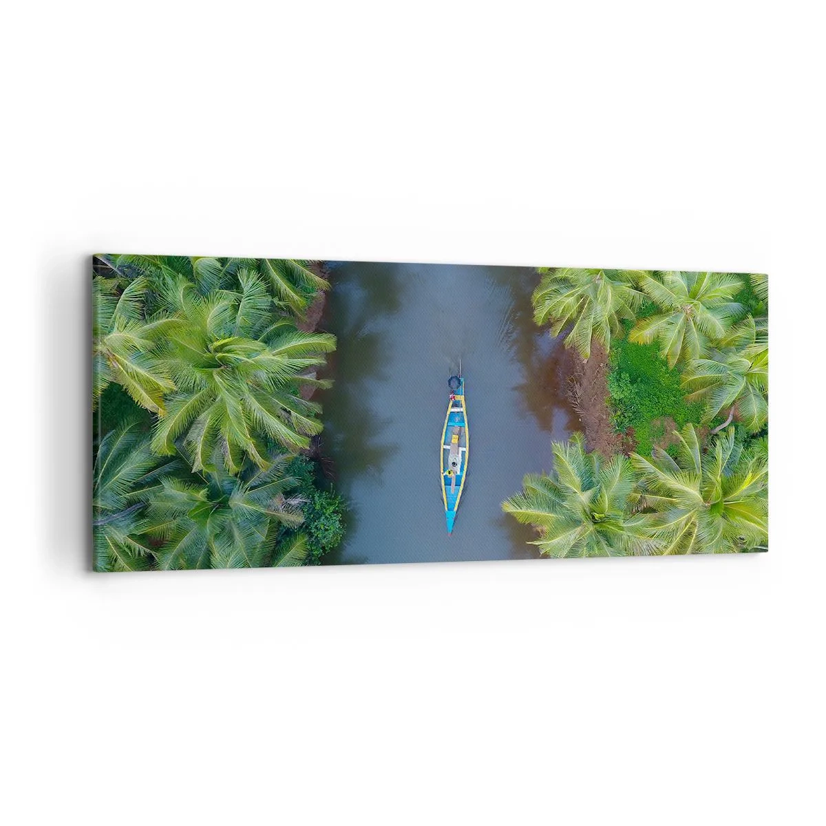 Quadro su tela - Stampe su Tela - Vista a volo d'uccello di una barca su un fiume circondata da palme - 120x50cm - Sul percorso tropicale - Decorazione murale moderna per soggiorno e camera da letto ARTTOR