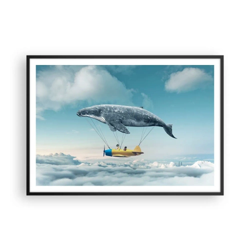 Poster in cornice nera - Una balena volante trasporta un aereo in un'ambientazione surreale. - 100x70cm - Perché no? - Decorazione murale moderna per soggiorno e camera da letto ARTTOR