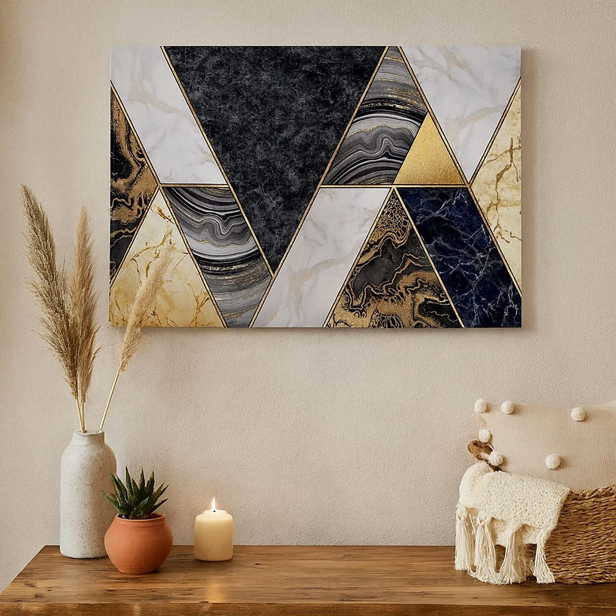 Quadro su tela - Stampe su Tela - Triangoli geometrici in oro, marmo e tonalità scure - 70x50cm - Pietra su pietra - Decorazione murale moderna per soggiorno e camera da letto ARTTOR