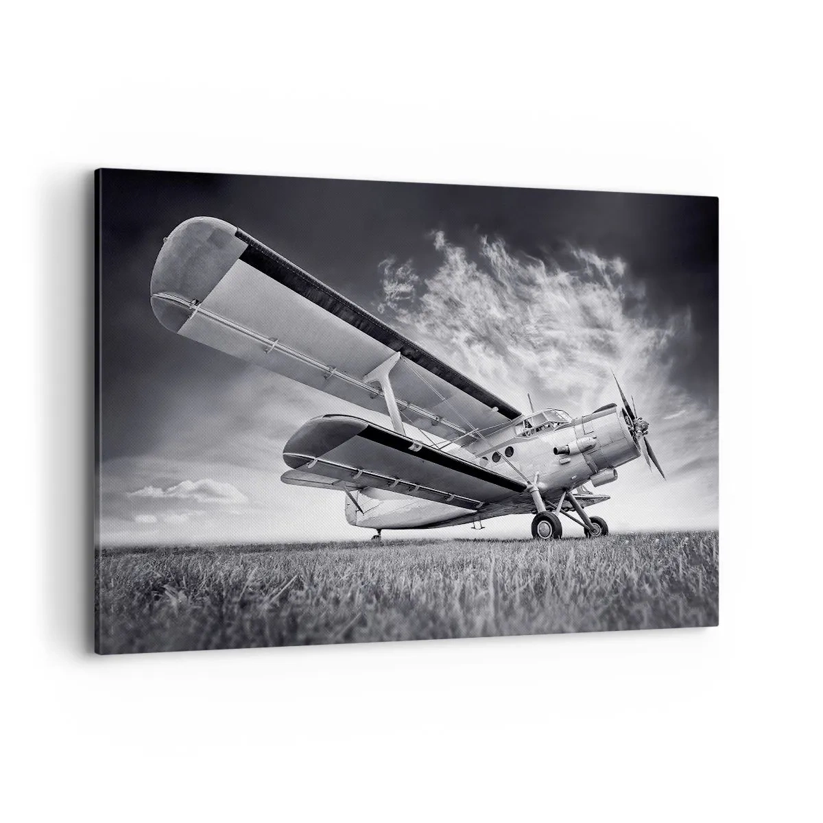 Quadro su tela - Stampe su Tela - Un aereo contro un cielo drammatico in bianco e nero - 100x70cm - Giramondo alato  - Decorazione murale moderna per soggiorno e camera da letto ARTTOR