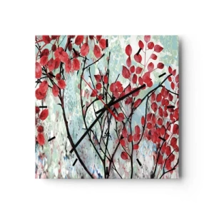 Orologio da parete - Orologio in Vetro - Foglie rosse contro un cielo luminoso con motivi astratti - 30x30cm - Albero in scarlatto - Decorazione murale moderna per soggiorno e camera da letto ARTTOR