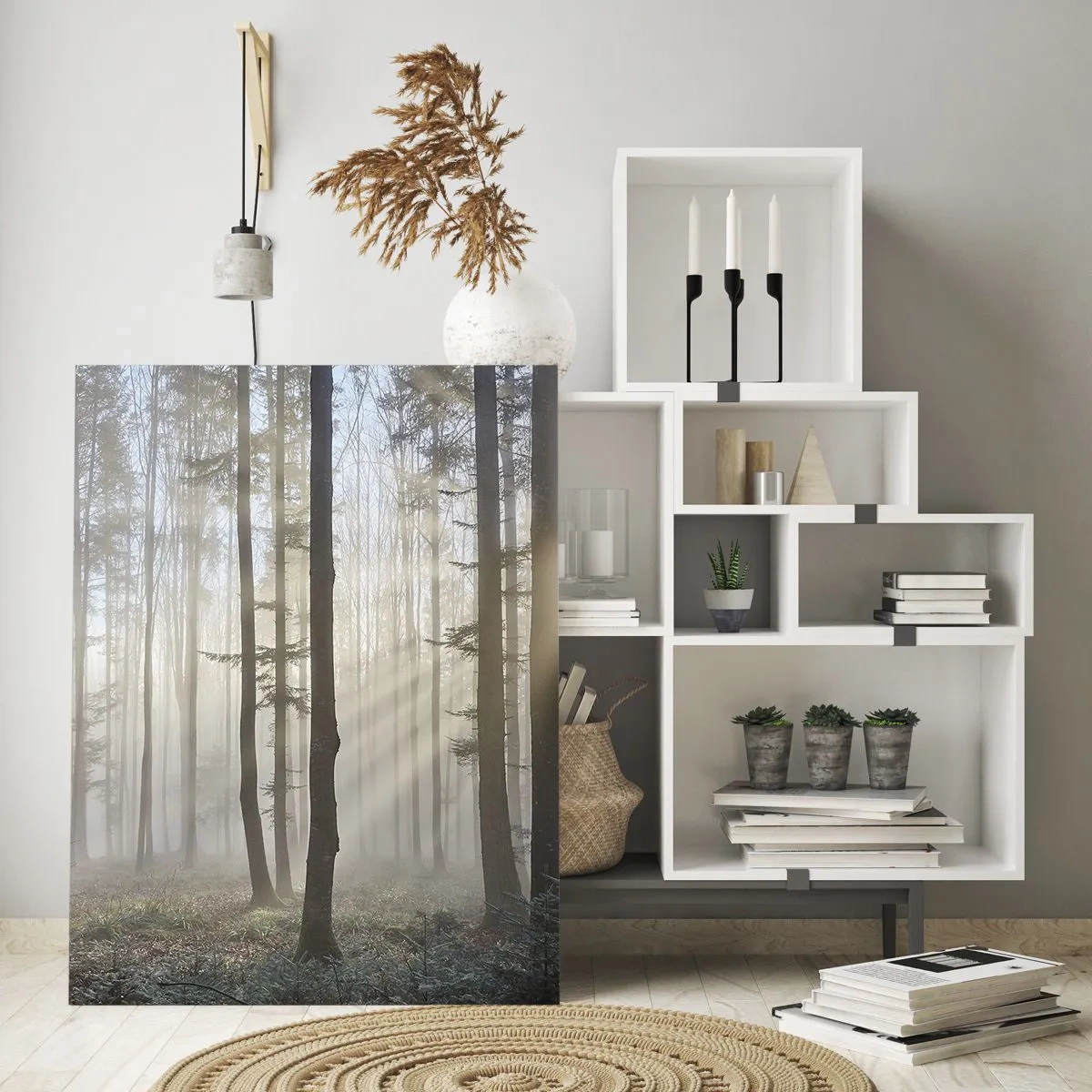 Quadro su vetro - I raggi del sole mattutino penetrano nella foresta nebbiosa - 50x70cm - Anche la nebbia si è svegliata - Decorazione murale moderna per soggiorno e camera da letto ARTTOR