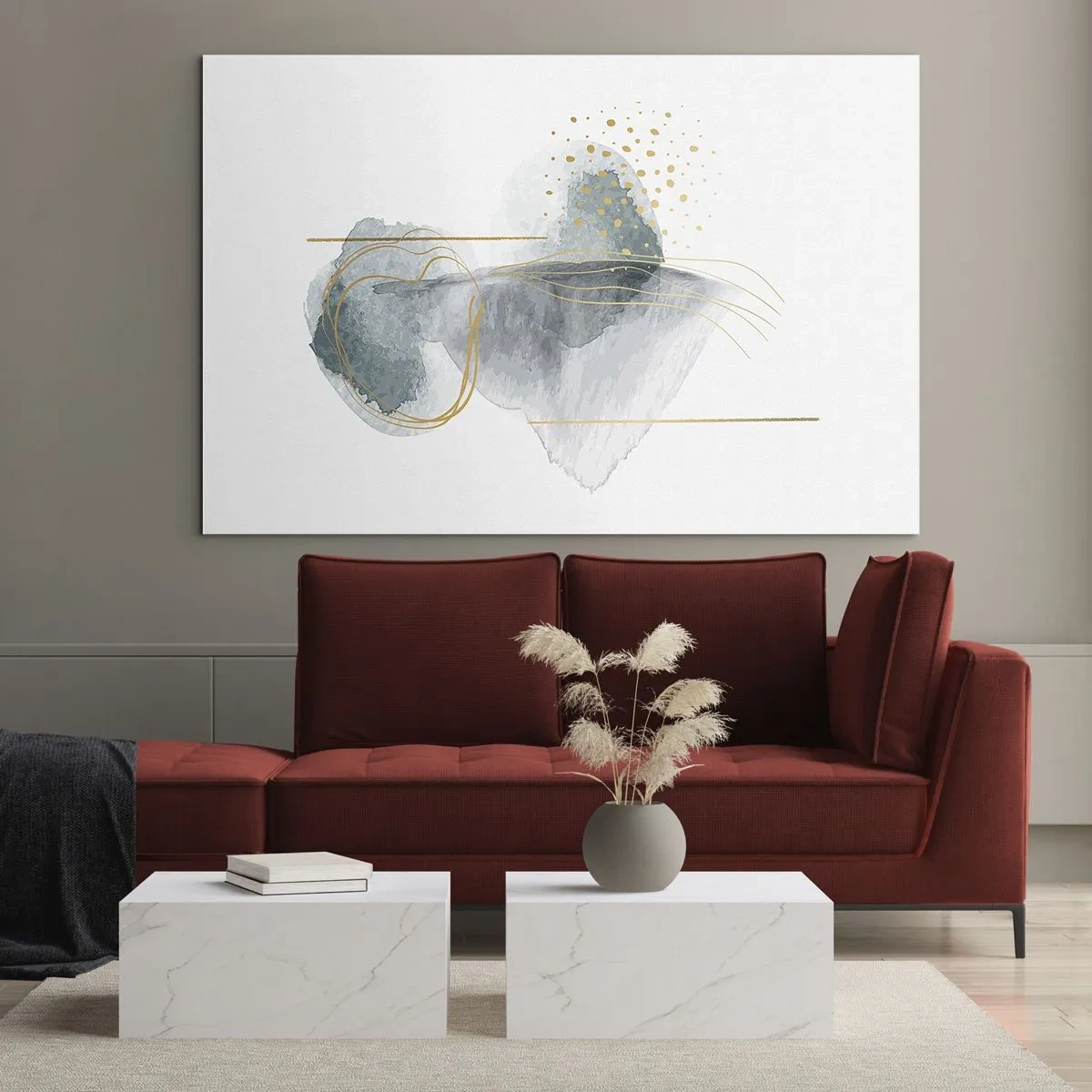 Quadro su vetro - Una composizione astratta di grigio con accenti dorati - 70x50cm - Sui legami del grigio e dell'oro - Decorazione murale moderna per soggiorno e camera da letto ARTTOR