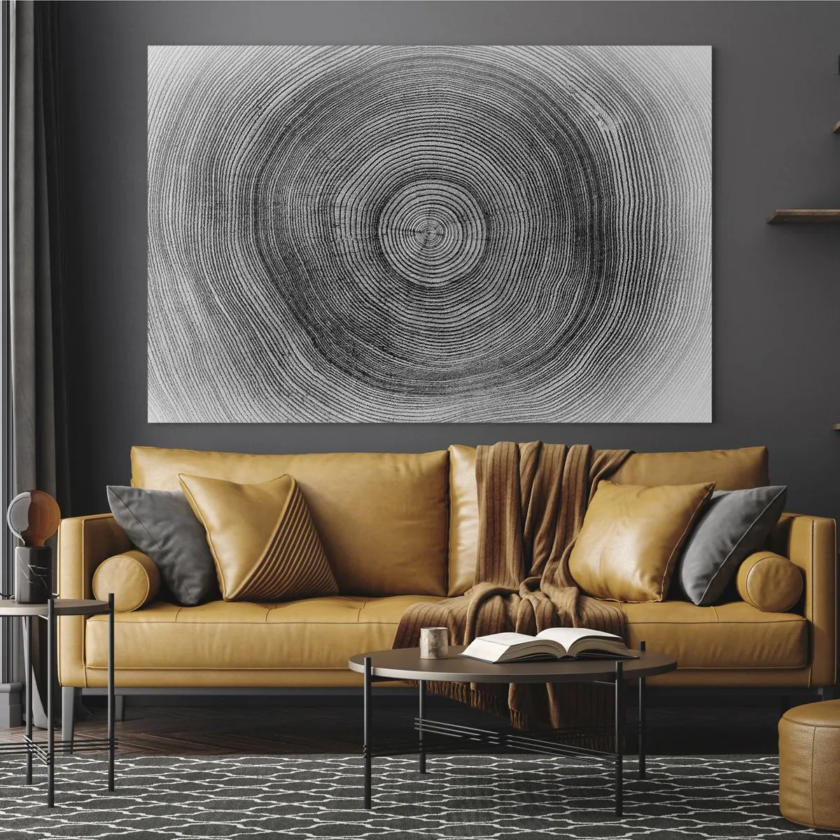 Quadro su vetro - Linee concentriche di anelli degli alberi presentate in un'estetica in bianco e nero - 100x70cm - I segni del tempo - Decorazione murale moderna per soggiorno e camera da letto ARTTOR