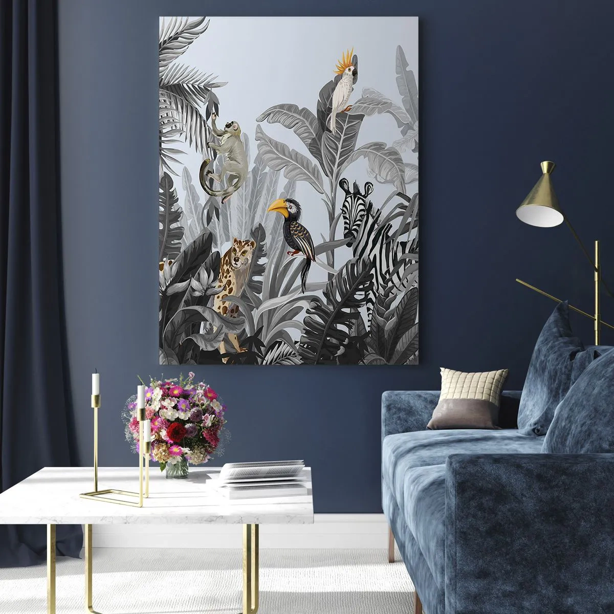 Quadro su vetro - Giungla tropicale con animali esotici su sfondo grigio - 80x120cm - Favola africana - Decorazione murale moderna per soggiorno e camera da letto ARTTOR
