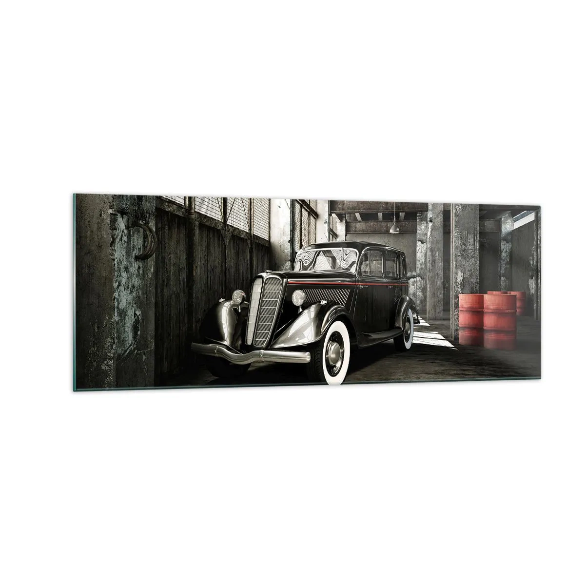 Quadro su vetro - Elegante auto retrò in un magazzino grezzo - 140x50cm - L'eleganza eterna degli anni '30 - Decorazione murale moderna per soggiorno e camera da letto ARTTOR