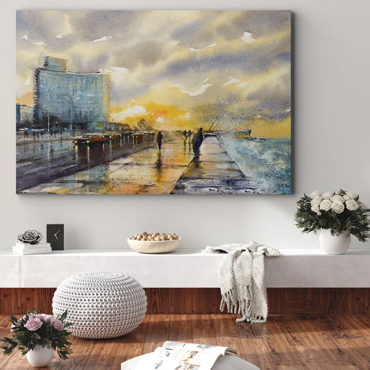 Quadro su tela - Stampe su Tela - Una vista pittoresca del lungomare al tramonto - 70x50cm - Vita sulla costa - Decorazione murale moderna per soggiorno e camera da letto ARTTOR