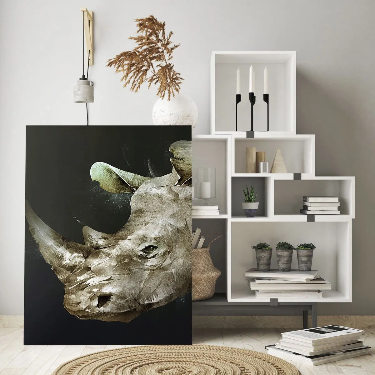 Quadro su vetro - Rappresentazione artistica di una testa di rinoceronte su uno sfondo scuro - 50x70cm - Vera forza mascolina - Decorazione murale moderna per soggiorno e camera da letto ARTTOR