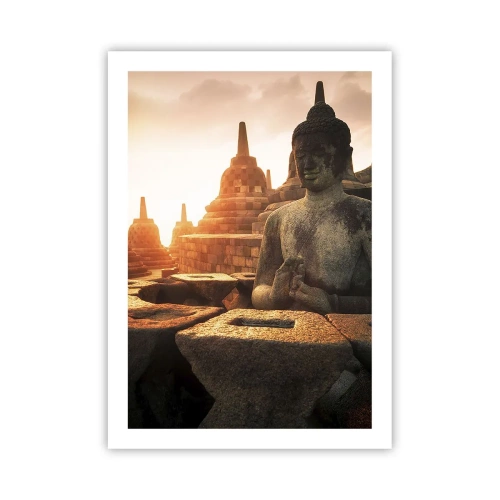 Poster - Statua del Buddha con templi sullo sfondo al tramonto - 50x70cm - La pagoda della grande saggezza - Decorazione murale moderna per soggiorno e camera da letto ARTTOR