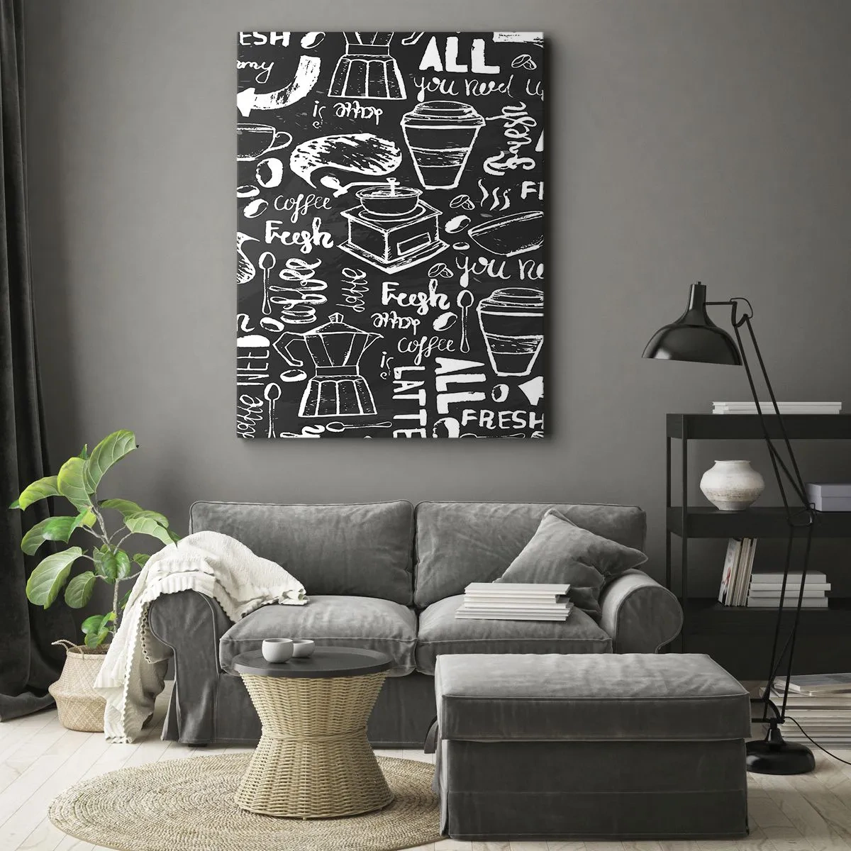 Quadro su tela - Stampe su Tela - Grafica elegante del caffè su sfondo nero - 50x70cm - All you need is… - Decorazione murale moderna per soggiorno e camera da letto ARTTOR