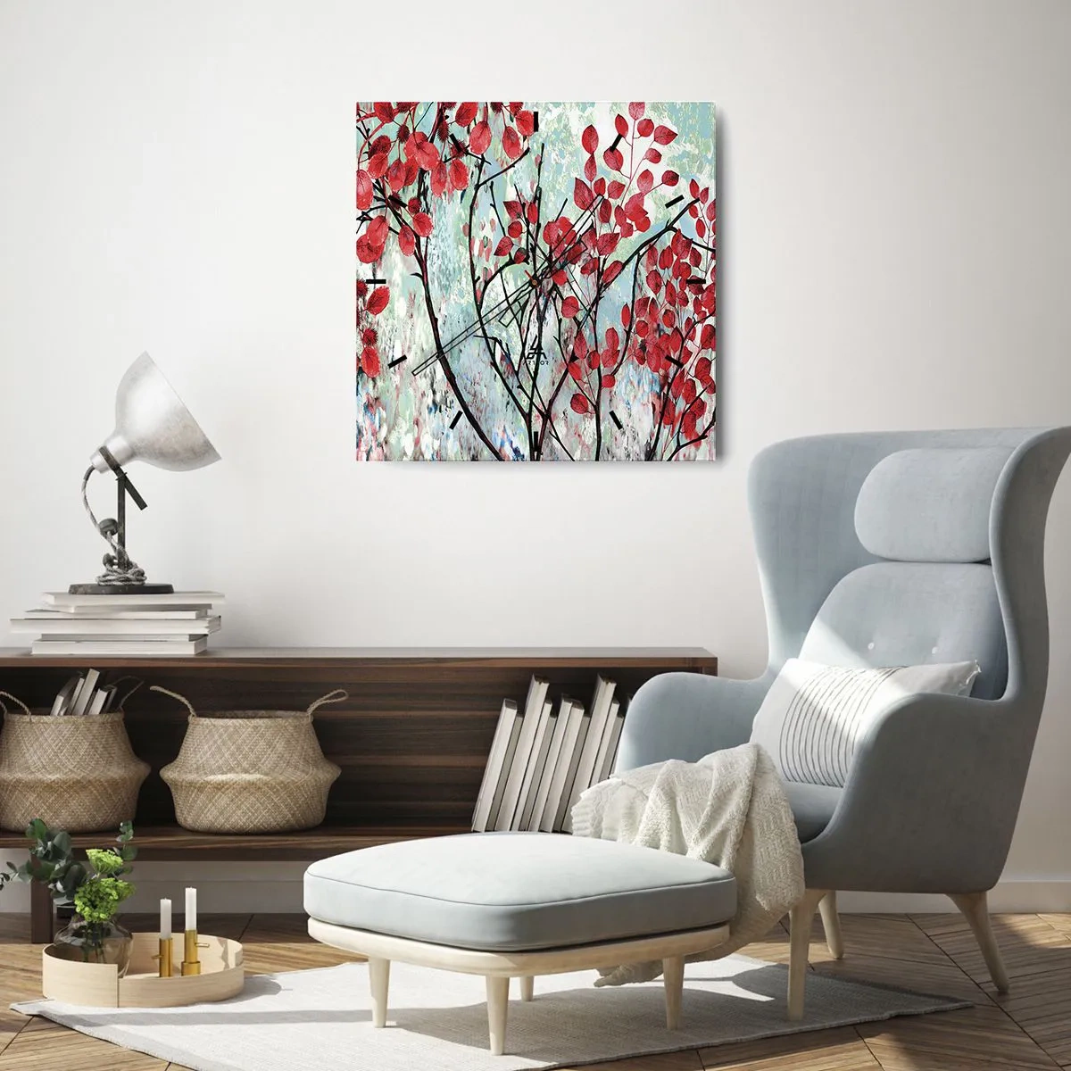Orologio da parete - Orologio in Vetro - Foglie rosse contro un cielo luminoso con motivi astratti - 30x30cm - Albero in scarlatto - Decorazione murale moderna per soggiorno e camera da letto ARTTOR