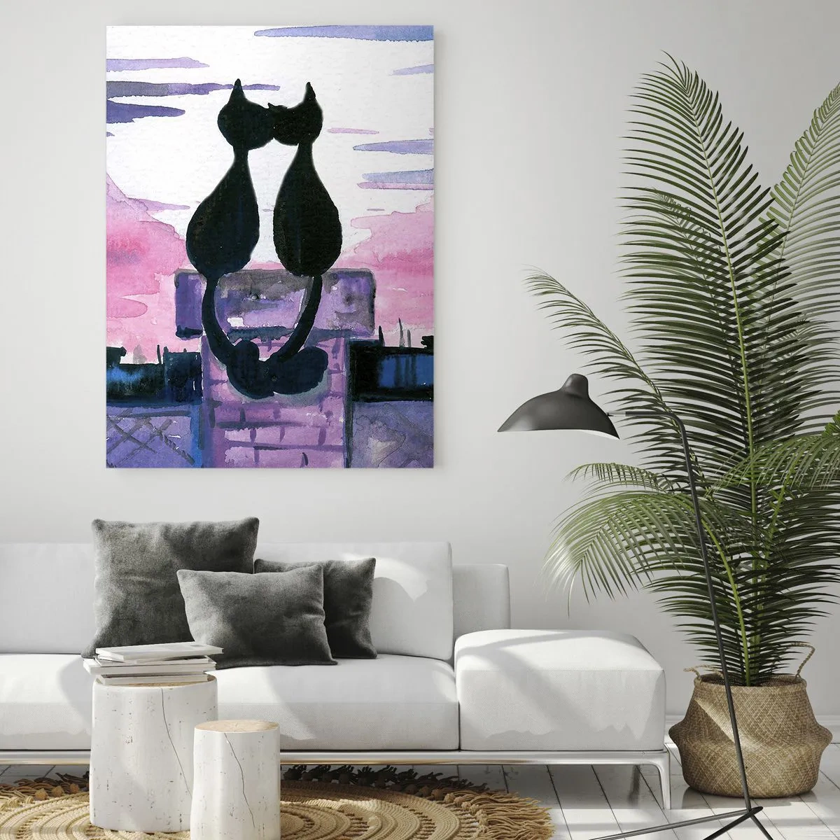 Quadro su vetro - Sagome di due gatti contro il sole al tramonto - 50x70cm - Appuntamento sotto la luna - Decorazione murale moderna per soggiorno e camera da letto ARTTOR