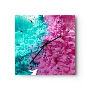 Orologio da parete - Orologio in Vetro - Onde colorate di turchese e rosa in una forma astratta - 30x30cm - Scontro decisivo - Decorazione murale moderna per soggiorno e camera da letto ARTTOR