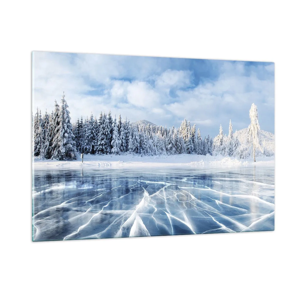 Quadro su vetro - Un lago ghiacciato circondato da una foresta invernale - 120x80cm - Vista lucente e cristallina - Decorazione murale moderna per soggiorno e camera da letto ARTTOR