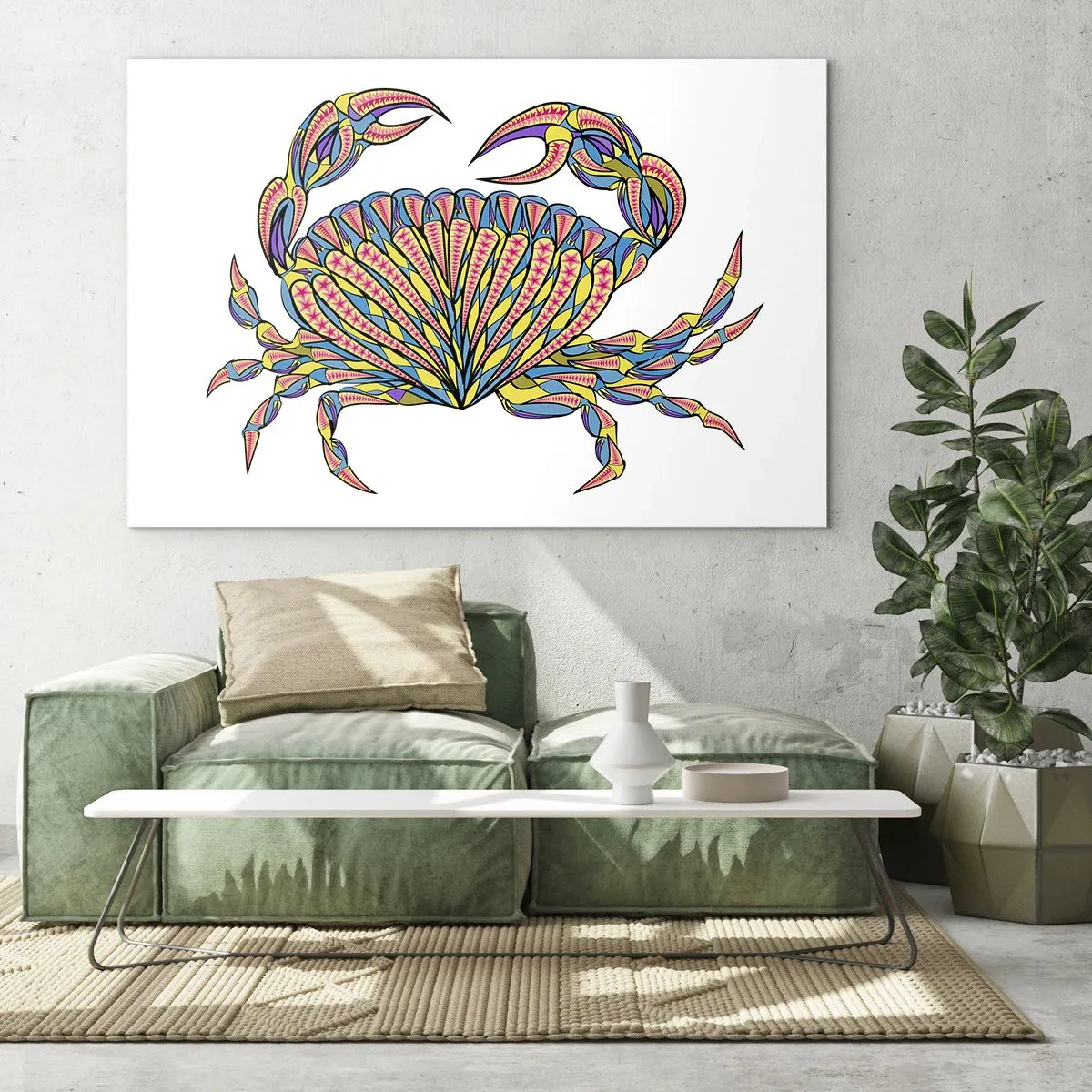 Quadro su vetro - Illustrazione di un granchio colorato in stile geometrico - 120x80cm - Gioielli del mare - Decorazione murale moderna per soggiorno e camera da letto ARTTOR