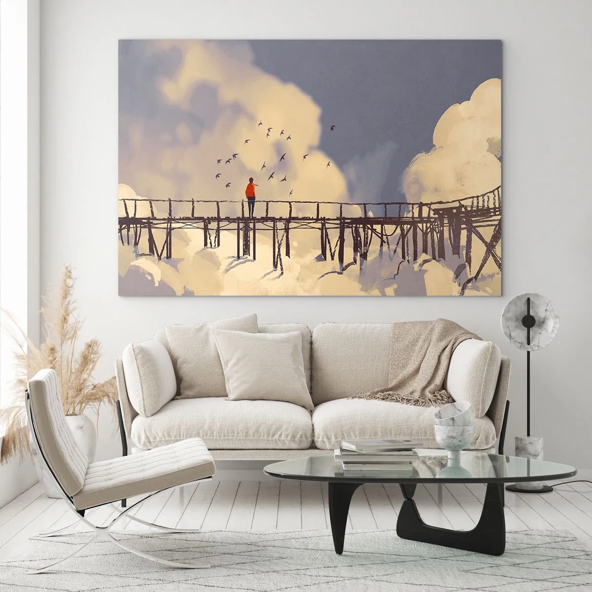 Quadro su vetro - Un uomo su un ponte di legno circondato dalle nuvole - 70x50cm - Nostalgia del cielo - Decorazione murale moderna per soggiorno e camera da letto ARTTOR