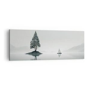 Quadro su tela - Stampe su Tela - Un paesaggio minimalista con un albero su un'isola e una barca a vela. - 140x50cm - Paesaggio onirico - Decorazione murale moderna per soggiorno e camera da letto ARTTOR