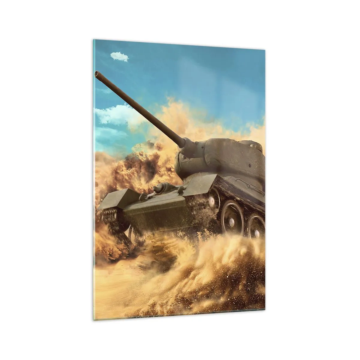 Quadro su vetro - Un carro armato in azione nel deserto, circondato da polvere di sabbia. - 70x100cm - Imbattibile - Decorazione murale moderna per soggiorno e camera da letto ARTTOR