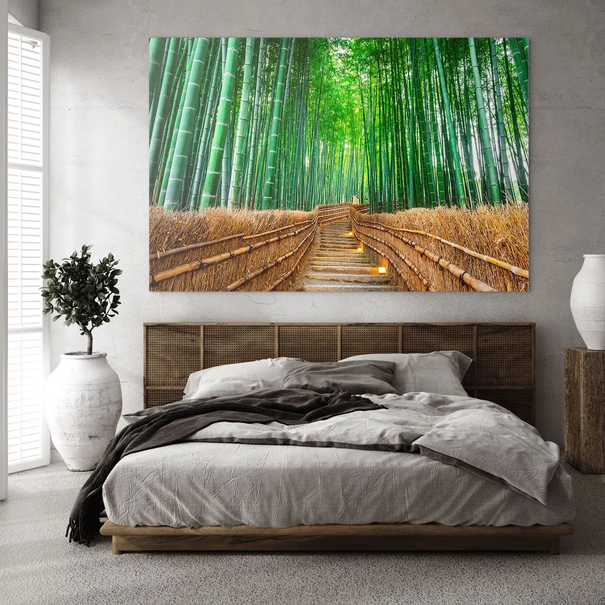Quadro su vetro - Un sentiero nella foresta di bambù che conduce attraverso le scale - 100x70cm - Essenza della natura asiatica - Decorazione murale moderna per soggiorno e camera da letto ARTTOR