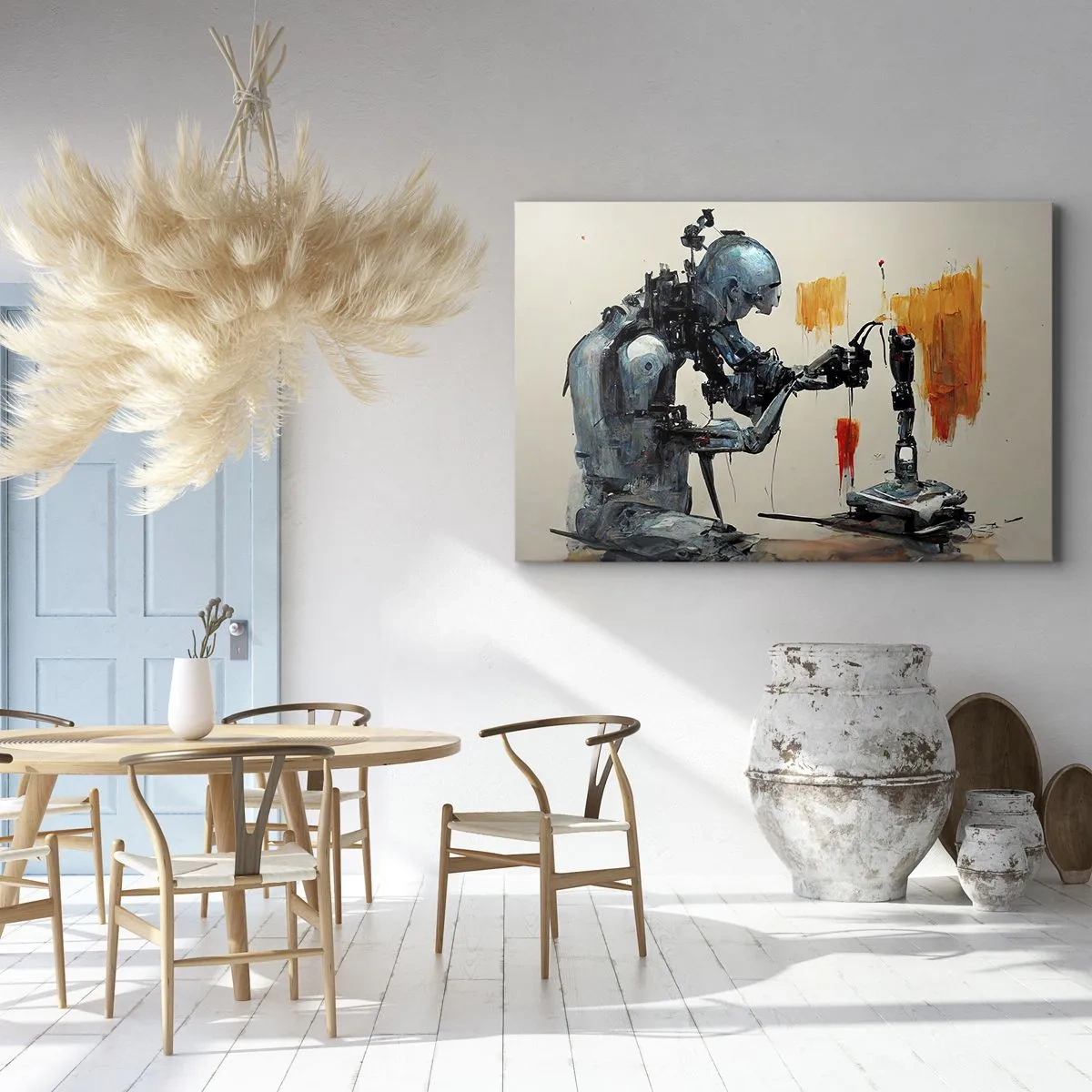Quadro su tela - Stampe su Tela - Robot al lavoro con sfondo astratto - 100x70cm - È già domani... - Decorazione murale moderna per soggiorno e camera da letto ARTTOR