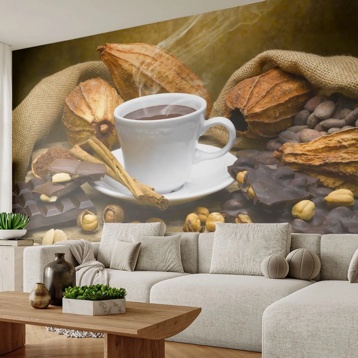 Fotomurali Premium Sand - Una tazza di cioccolata calda circondata da cacao e noci - 100x70cm - Per i cercatori di emozioni - Decorazione murale moderna per soggiorno e camera da letto ARTTOR