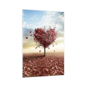 Quadro su vetro - Un albero solitario a forma di cuore in un campo di foglie rosse - 70x100cm - Ama questo autunno - Decorazione murale moderna per soggiorno e camera da letto ARTTOR