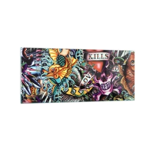 Quadro su vetro - Colorata opera d'arte in stile tatuaggio con teschi e motivi nautici - 120x50cm - Il sogno del tatuatore - Decorazione murale moderna per soggiorno e camera da letto ARTTOR