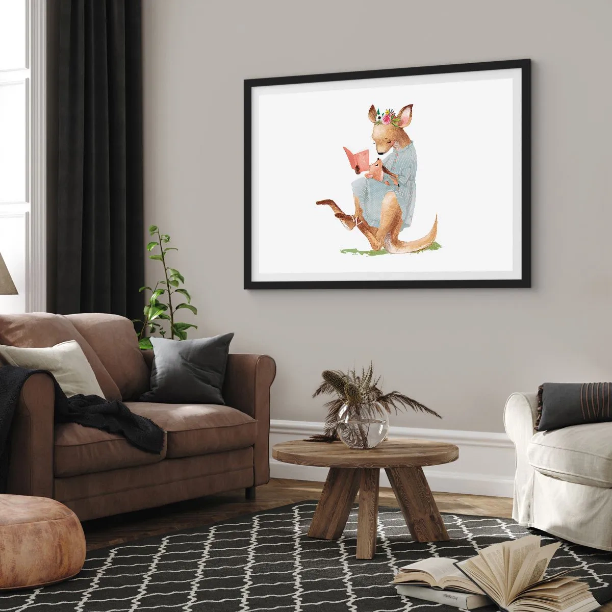 Poster in cornice nera - Kanga legge un libro con un bambino - 70x50cm - Mamma, leggimi - Decorazione murale moderna per soggiorno e camera da letto ARTTOR