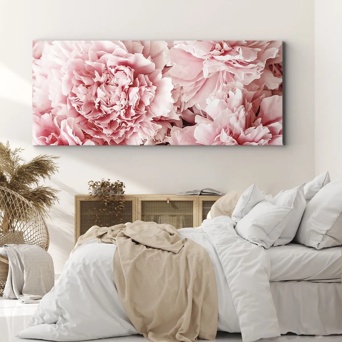 Quadro su tela - Stampe su Tela - Delicate peonie rosa in un ambiente delicato - 140x50cm - Sogno rosa - Decorazione murale moderna per soggiorno e camera da letto ARTTOR