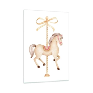 Quadro su vetro - Un cavallo da giostra con un fiocco in delicati colori pastello - 80x120cm - Trotto aggraziato - Decorazione murale moderna per soggiorno e camera da letto ARTTOR