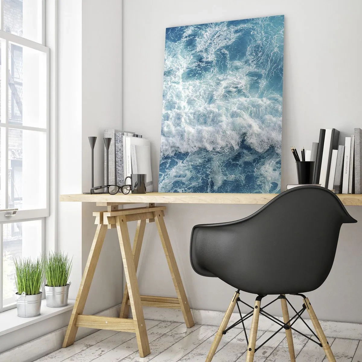 Quadro su vetro - Onde oceaniche dinamiche nelle tonalità del blu - 80x120cm - Con gioia e saltellando - Decorazione murale moderna per soggiorno e camera da letto ARTTOR