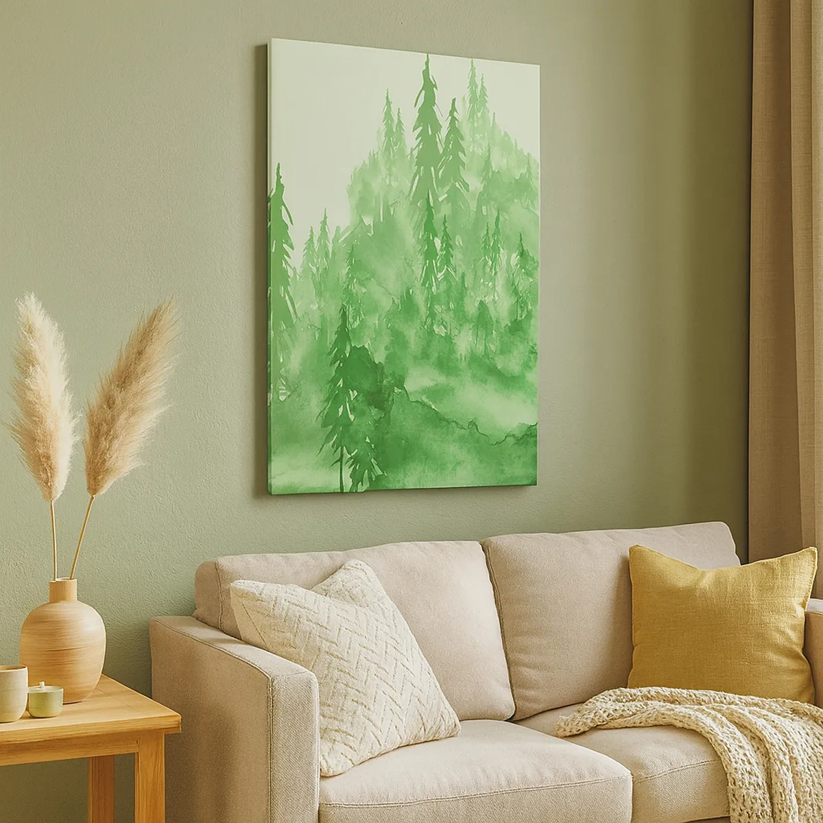 Quadro su tela - Stampe su Tela - Foresta verde in stile acquerello su sfondo chiaro - 50x70cm - Sfocato da una nebbia verde - Decorazione murale moderna per soggiorno e camera da letto ARTTOR