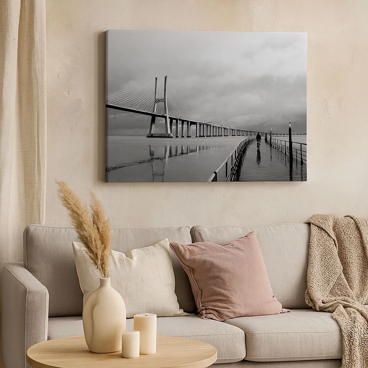 Quadro su tela - Stampe su Tela - Un ponte sospeso sull'acqua in bianco e nero - 70x50cm - A ciascuno ciò che gli spetta - Decorazione murale moderna per soggiorno e camera da letto ARTTOR