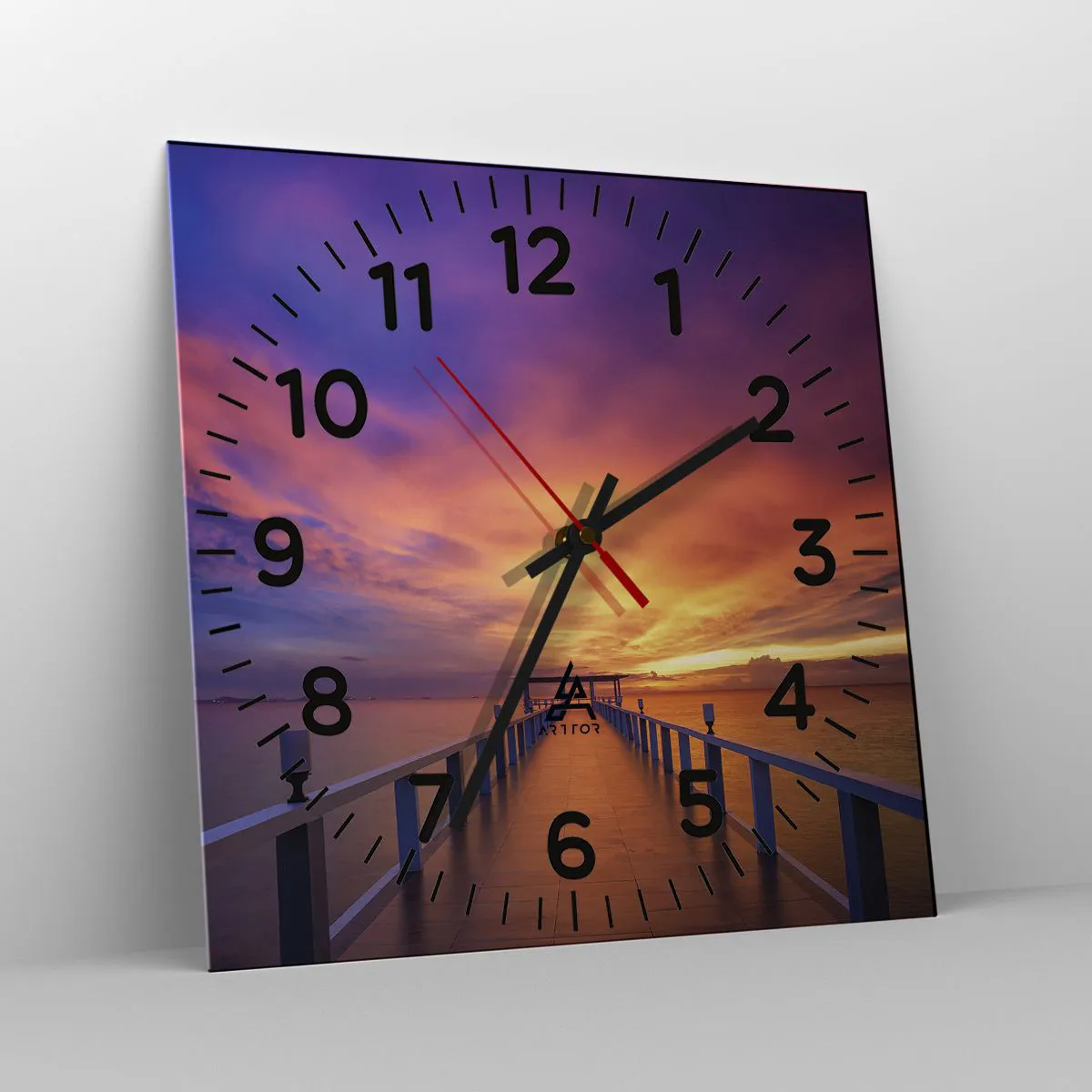 Orologio da parete Arttor - Senza fine - Quadrante con numeri, Forma:  Quadrato - 30x30 cm - Paesaggio, Molo, Il Tramonto