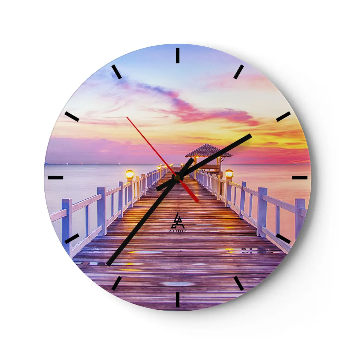 Orologio da parete Arttor - Silenzio della sera in lilla e oro - Quadrante  con trattini, Forma: Cerchio - 30x30 cm - Paesaggio, Mare, Baia